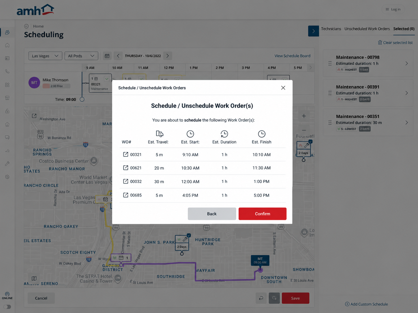 AMH Scheduling confirmation step showing work orders, travel time, start time, duration and resulting finish before final commitment